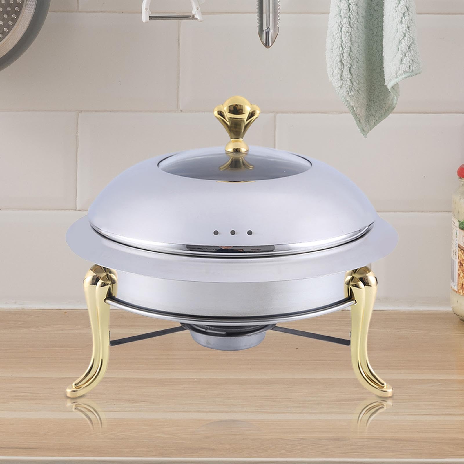 Edelstahl Chafing Dish Buffet mit Abnehmbarer Sicherheitsabdeckung Tragbarer Warmhaltebehälter für Speisen mit Brennpaste für Firmenfeiern, golden