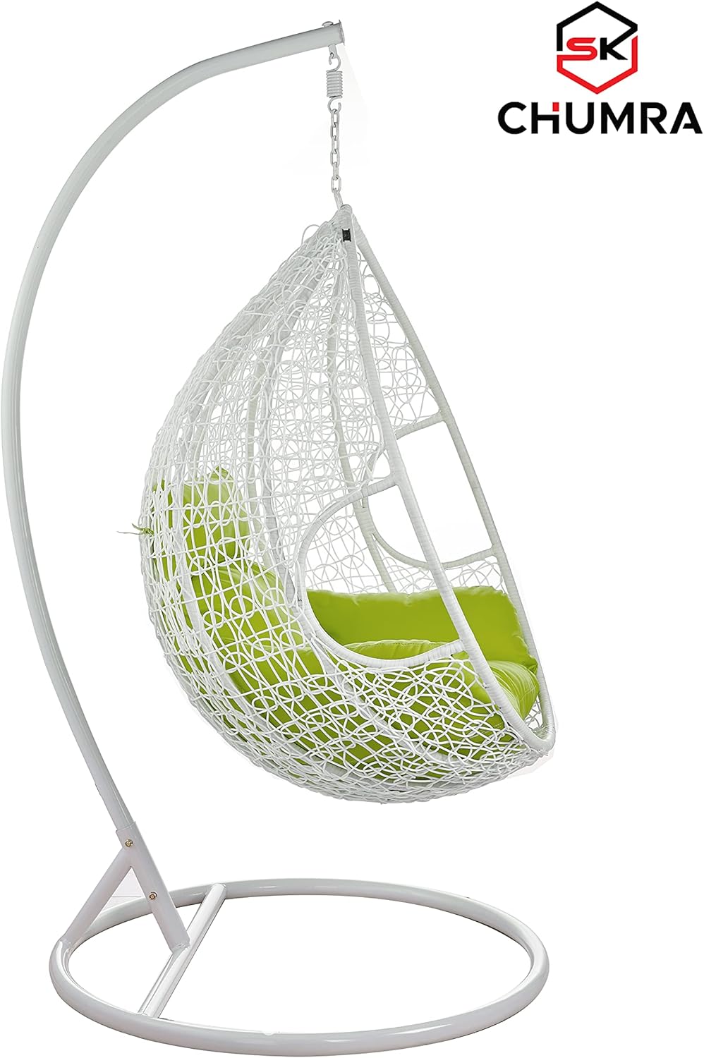 Egg Swing Chair Water drop shaped Hammock Chair Luxury Hand Woven Wicker Rattan Strong Aluminum Stand UV Resistant & Washable Cushion and Cover for Indoor Outdoor Patio Bedroom (White/Green)