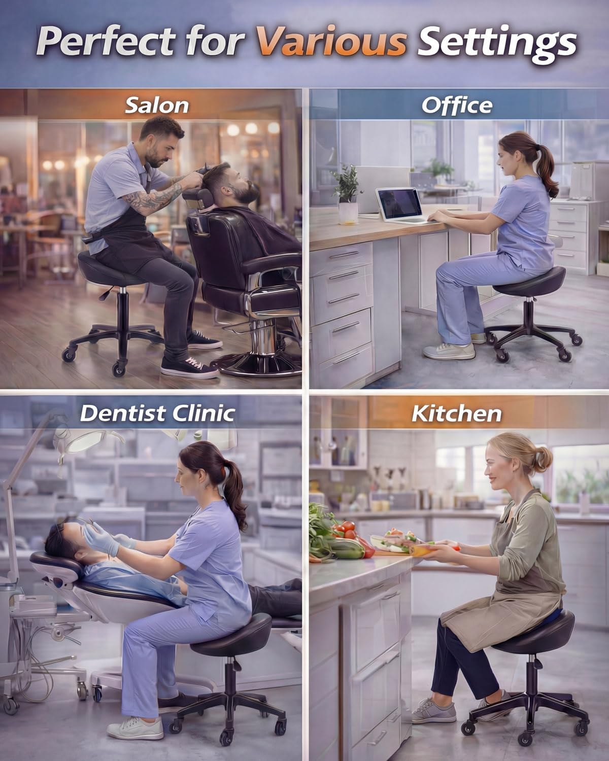 Ergonomic Saddle Stool Chair with Wheels, Ultra-Quiet Rolling Salon Stool with Comfortable Thick Saddle Seat, Adjustable Stool Suitable for Commercial Office and Home Use