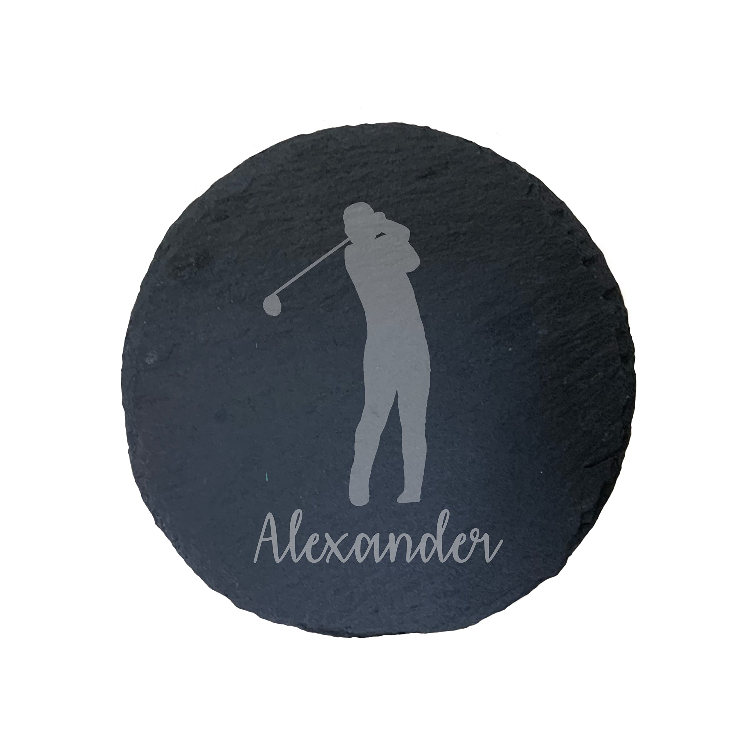 Personalised Male Golf Player Engraved Round Coaster, Golfing Gift for Men Golfer
