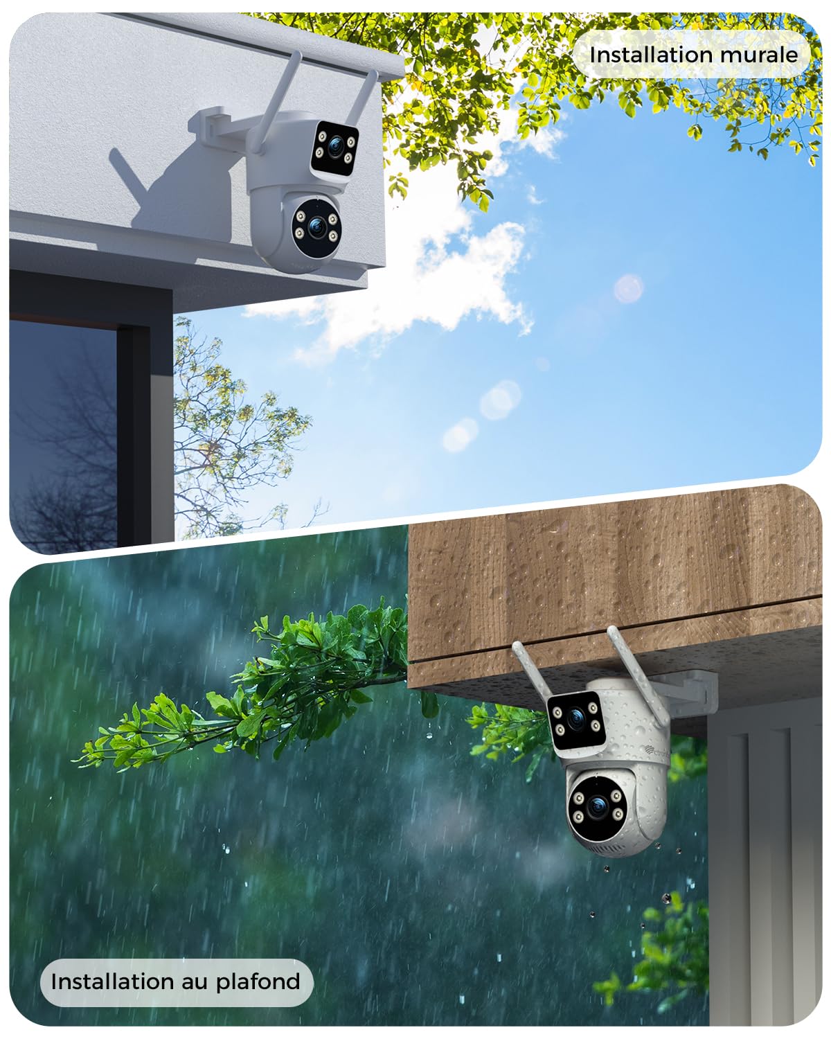 Ctronics Caméra Surveillance WiFi Extérieure à Double Objectif, PTZ Caméra 2.4/5Ghz NVR, Suivi Automatique, Vision Nocturne Couleur 30M & Enregistrement 24/7, Compatible PC/Tablette/Téléphone, IP66