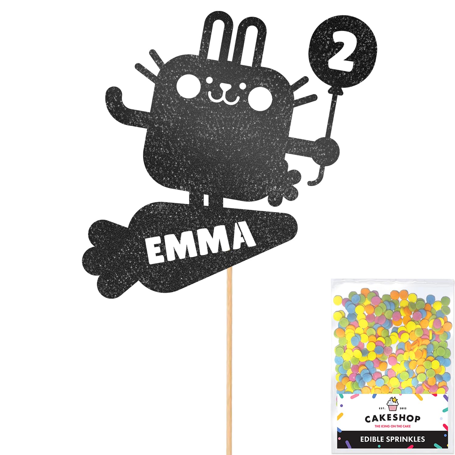 Personalised Pet Bunny Rabbit Glitter Cake Topper- Black Any Custom Age & Name Glitter Cake Decoration and Sprinkles - Happy Birthday Decorations - Personalised Toppers for Cakes by Cakeshop — image 1