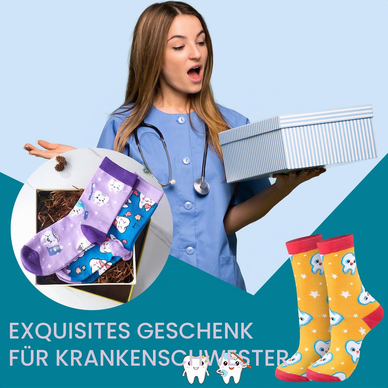 Xaatren 24 Paar Zahnarztsocken, niedlich, lustig, Zahnarzt-Assistent, Wintergeschenke, Zahnmuster, Crew, Neuheit, Zahnarzt, Hygiene-Geschenke für Frauen, Krankenschwestern, Größen 39 bis 47,