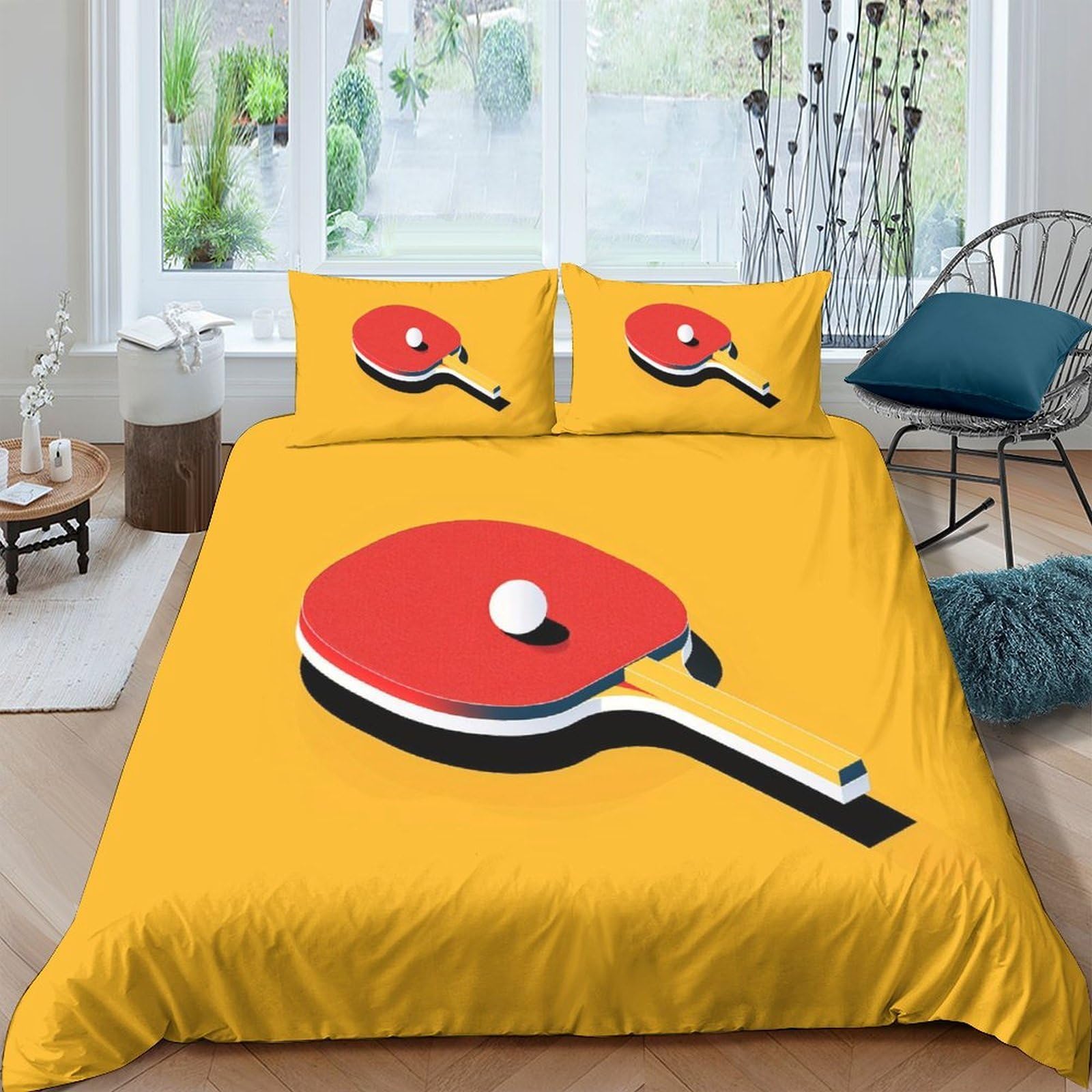 GPLZQXKJNH 3D Printed Table Tennis Racket Duvet Cover Set Microfiber Yellow Soft Breathable Ping Pong Bedding with 2 Pillowcases for Bedroom Decor Single（135x200cm）