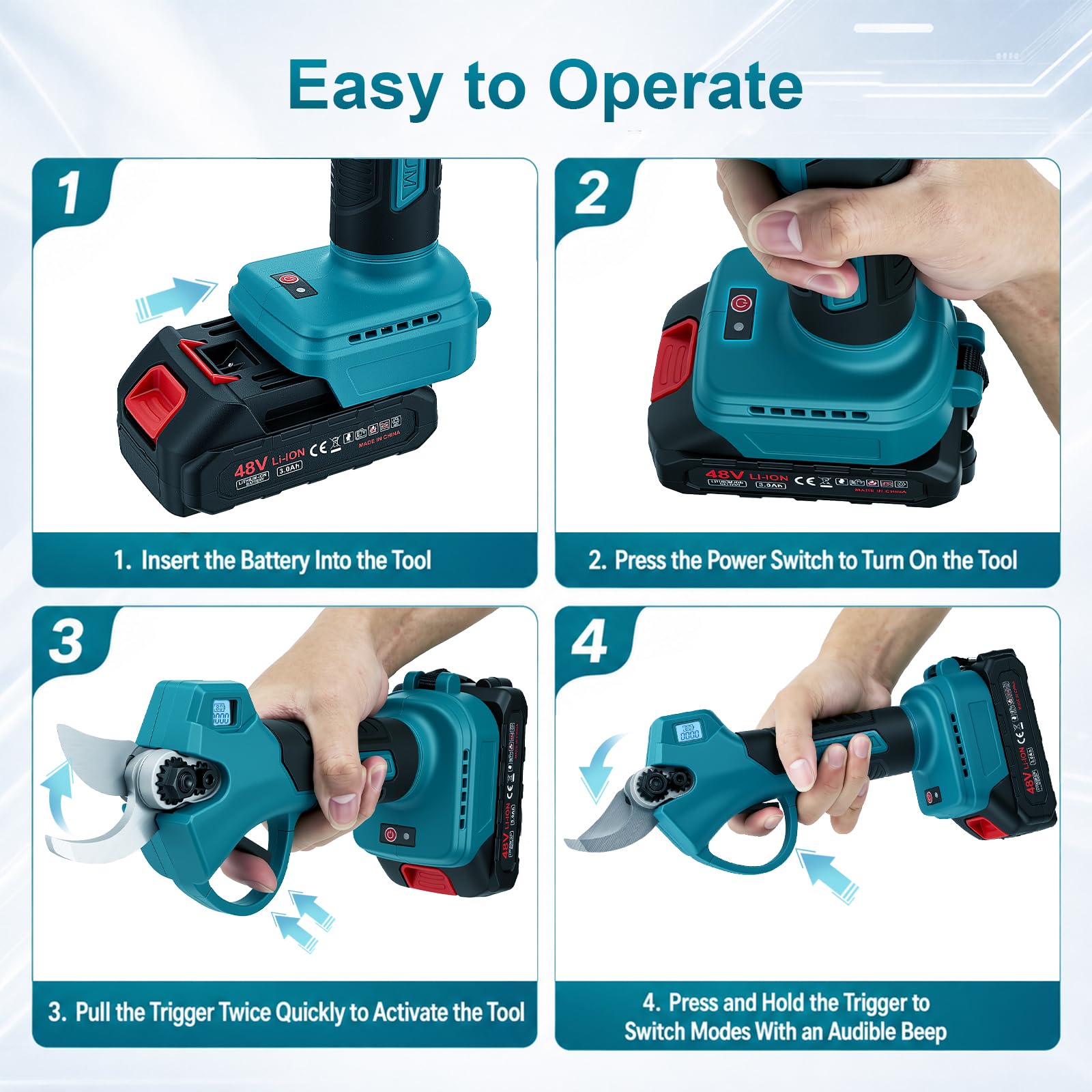 Sécateur électrique sans fil de 50 mm avec 2 batteries de 3,0 Ah, moteur sans balais de 800 W, écran LCD, protection contre la surchauffe, sécateur sans fil pour jardin, vergers, branches d'arbres
