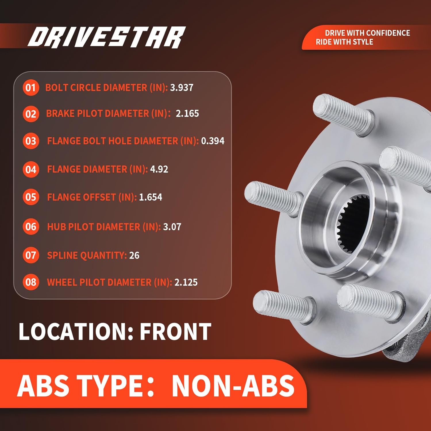DRIVESTAR 513265 New Front Wheel Hub & Bearing Driver and Passenger 2004 2005 2006 2007 2008 2009 for Toyota Prius, 5 Lugs Non-ABS