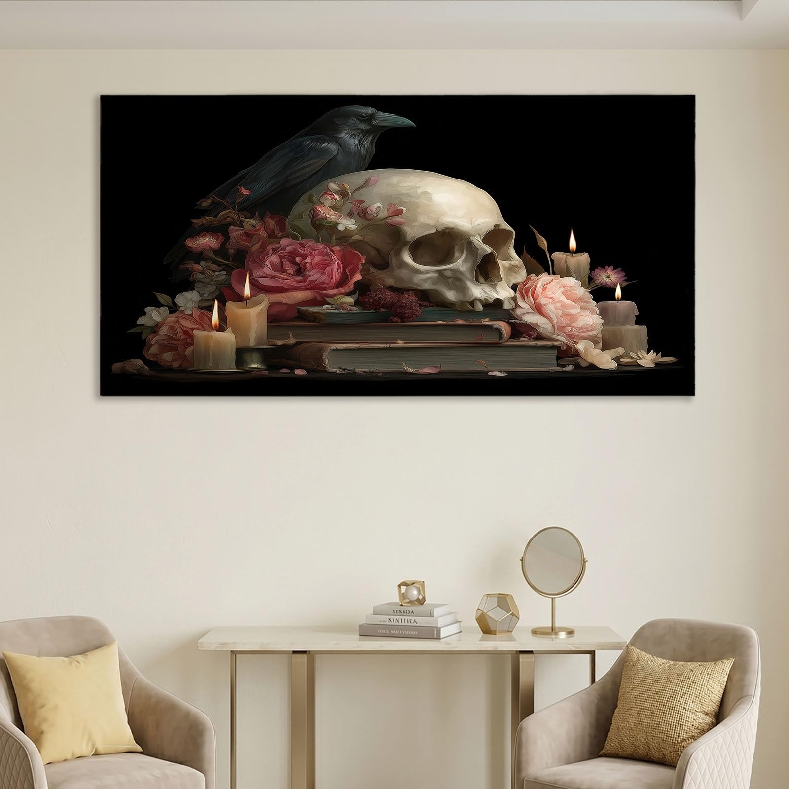 Lienzo gótico de fantasía oscura para pared, 120 x 60 cm, lienzo enmarcado, diseño de rosas florales para baño, dormitorio, sala de estar, paredes, con ganchos y clavos