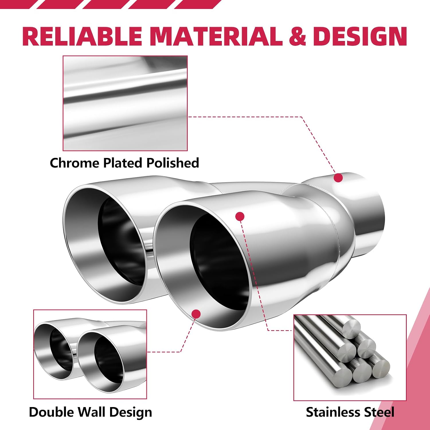 A-KARCK Dual Exhaust Tip 3" Inlet, Polished Stainless Tailpipe Tip 3" Inlet Dual 4" Outlet 9.5" Length, Angle Cut Design, Universal Tailpipe for Car Truck