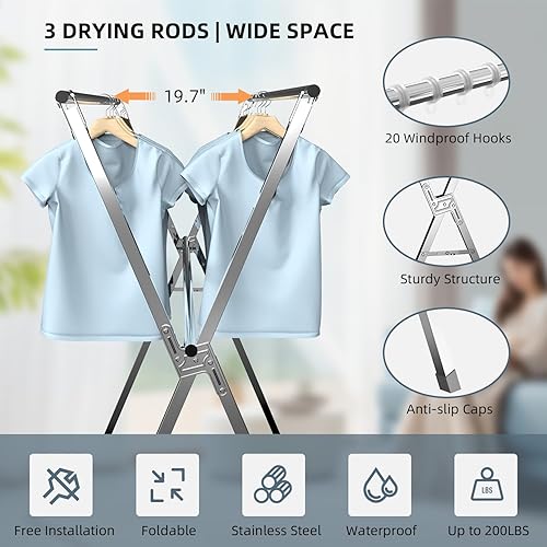 Miniatura 2 de Estante de secado de ropa, de acero inoxidable resistente, ajustable y plegable, para interiores y exteriores, con 20 ganchos resistentes al viento
