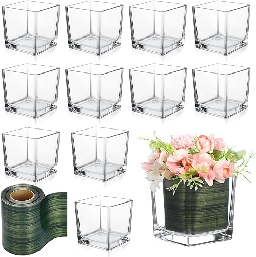 12 Pcs Square Glass Vases 4.7 x 4.7 Inch and 2 Rolls 4.3 Inch x 30 Yards Leaf Floral Ribbon Clear Glass Cube Vase Square Flower Vases Centerpieces Candle Holders for Home Table Wedding Events
