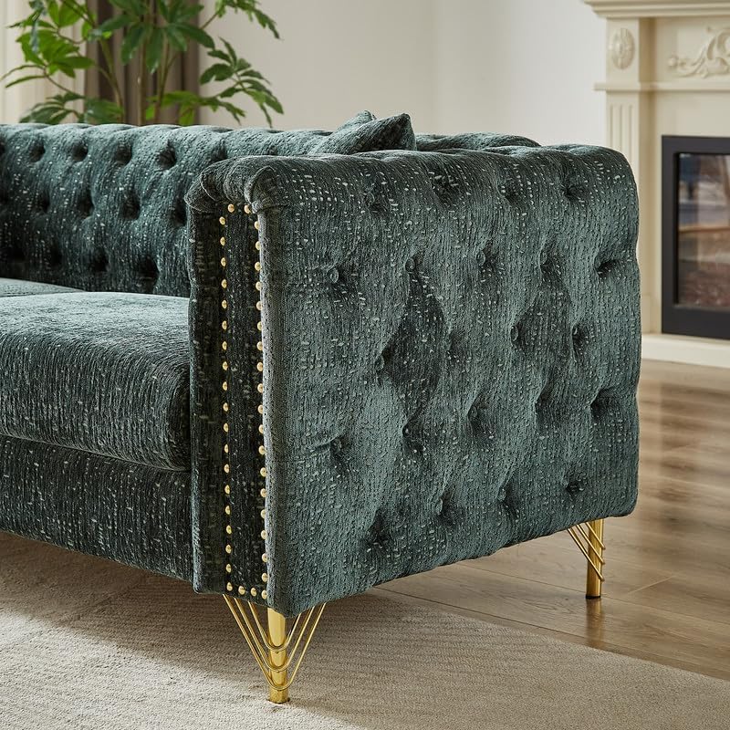 60" Chesterfield Loveseat Sofa for Living Room,Modern Upholstered 2-Seater Couch, Tufted Chenille Casual Sofa Nailhead and Gold Legs with 2 Pillows for Bedroom, Office, Green