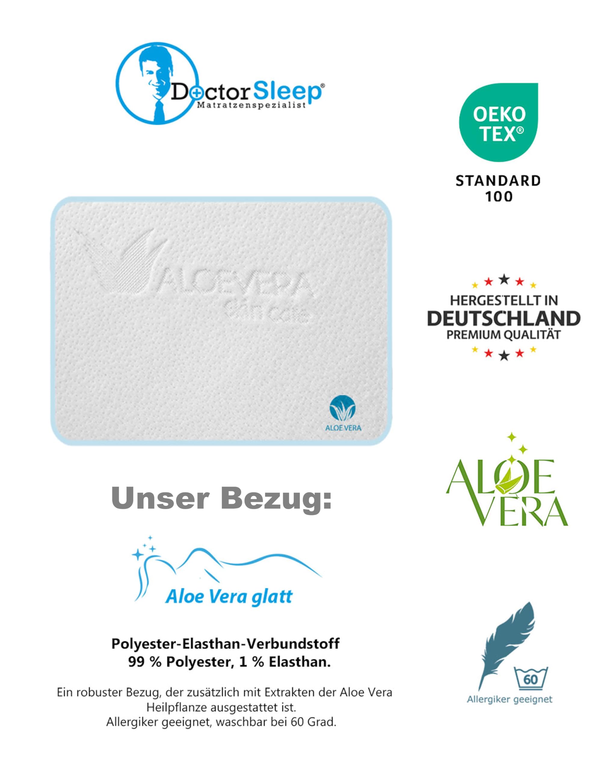 Doctorsleep's günstige Komfort Schaum Matratze Kern 10,5 cm mit Bezug - Milano/AloeVera glatt sehr preiswert, BZW. billig. Härte 2-3 Mittelfest, Größe 60 x 180 cm