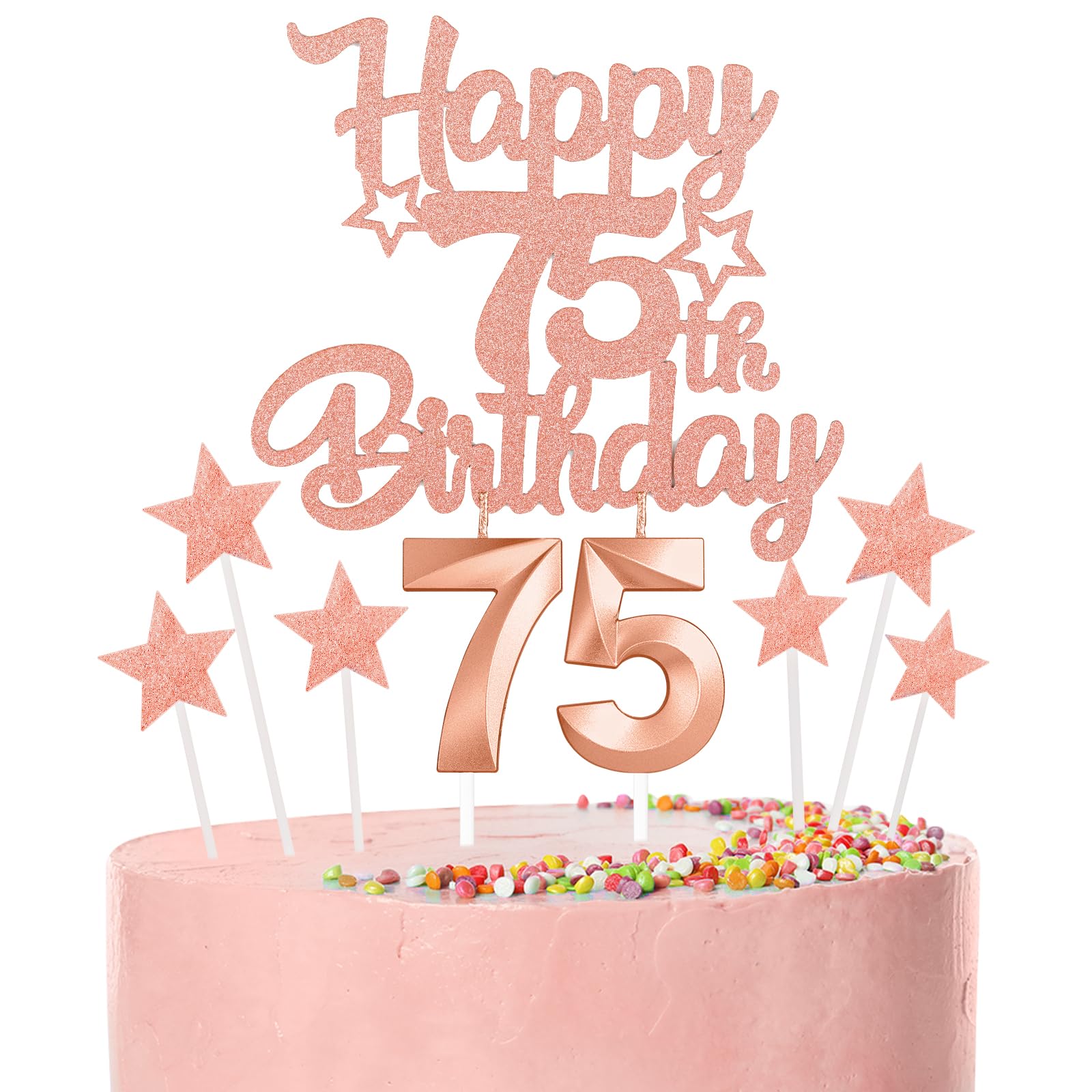 Rose Gold Happy 75th Birthday Candles Cake Topper Set,Rose Gold Number 75 Birthday Candles with Rose Gold 75th Birthday Cake Toppers Star Cupcake Toppers for Men Women Birthday Anniversary Decor
