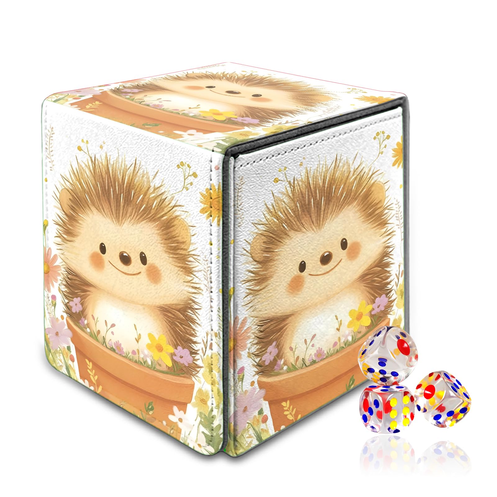 VOGDMKJG Trading Card Deck Box Fit 120+ Single Sleeved Cards,PU Leather Magnetic Closure Card Storage Box With 3 Dice For MTG/TCG/PTCG/Magic/Sport Card Storage Case Vertical Design Hedgehog