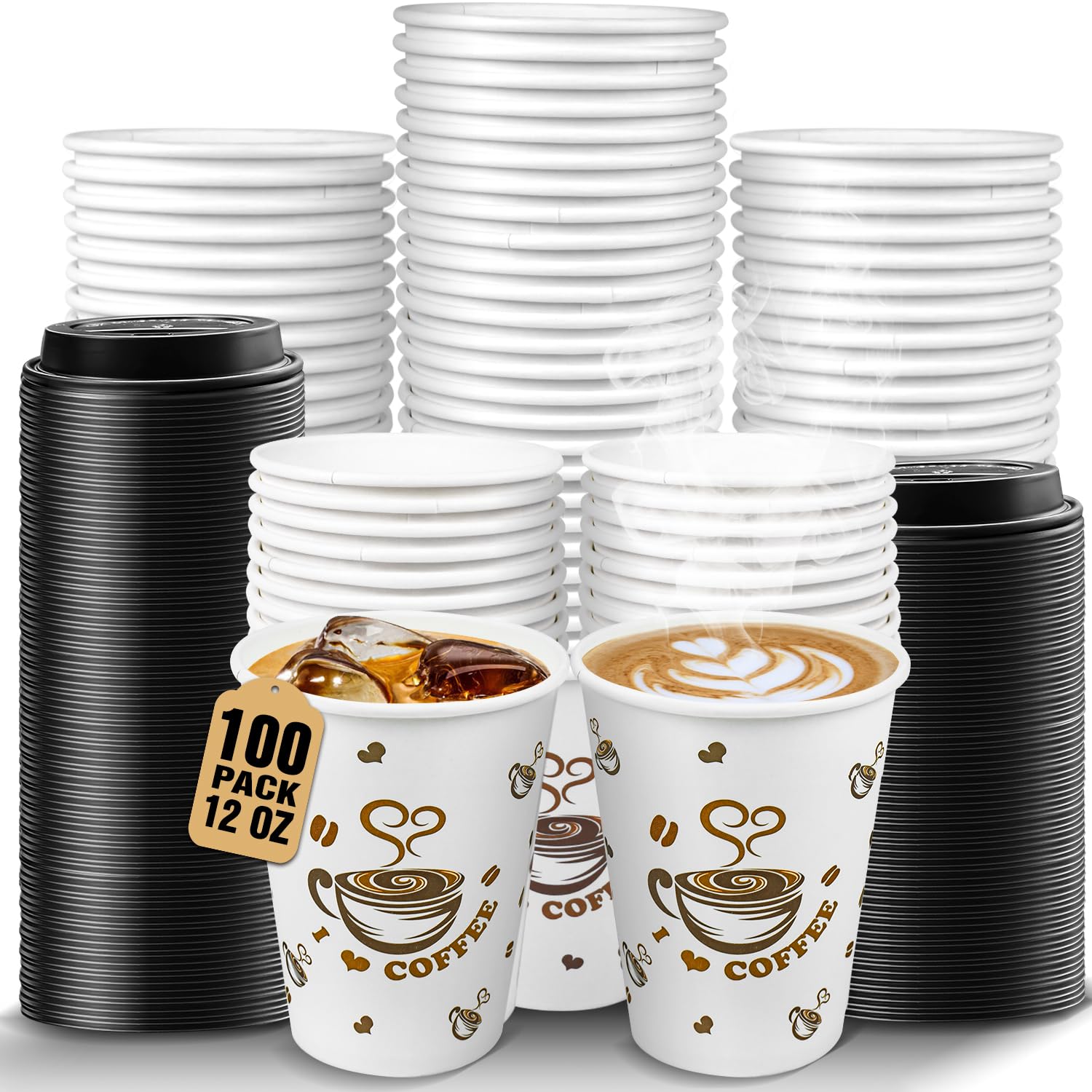 Ginkgo Disposable Coffee Cups with Lids 12 oz 100 Pack, To Go Paper Coffee Cup for Hot CoCoa, Hot Chocolate, Coffee Bar