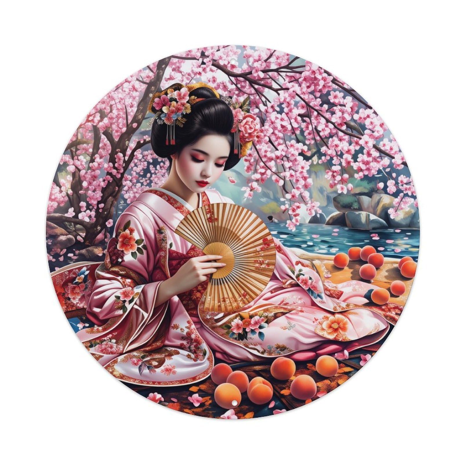 Cherry Blossom Kimono Fan Apricot Spring Round Tin Sign Vintage Metal Poster, Home Bar Garage Man Cave Cafe Indoor & Outdoor Wall Decoration 8x8Inches