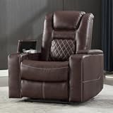 Electric Power Recliner Chair with USB Ports and Cup Holders&comma; Breathable Leather Home Theater Seating with Hidden Arm Storage &lpar;Red Brown&rpar;