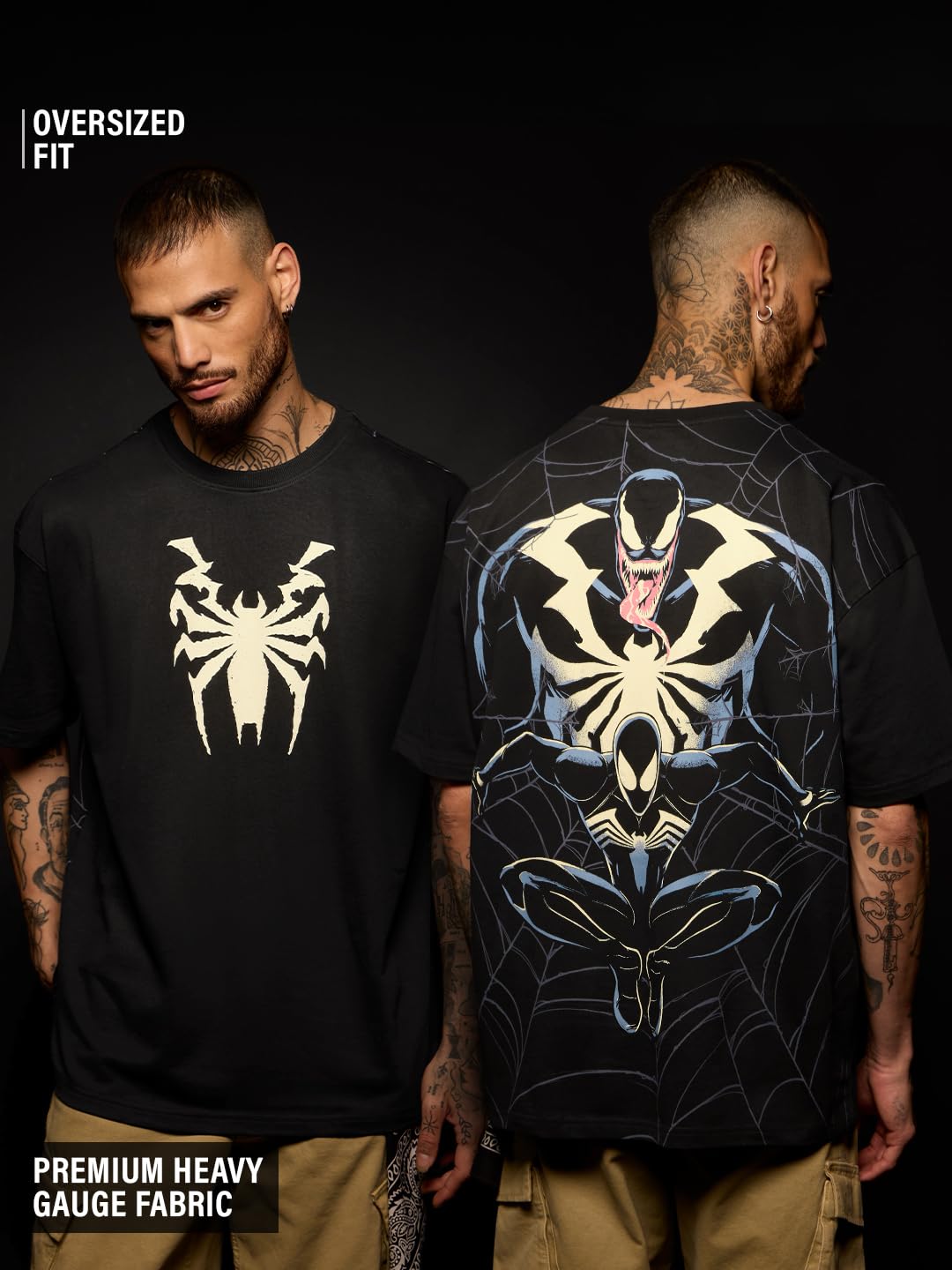 The Souled Store Marvel: Spider x Venom Mężczyźni i Chłopcy Krótki Rękaw Okrągły Dekolt Czarny Graficzny Nadruk Bawełniany Oversized T-shirt
