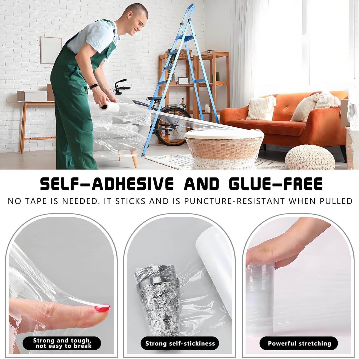 Stretch Wrap with Handle, 5" x 1000ft Plastic Wrap for Moving, Industrial Strength Clear Heavy Duty Film, Durable Self Adhering Packing (4 PCS)