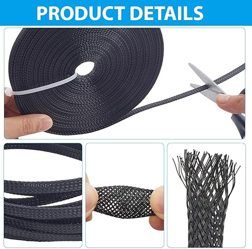 Vista 6 de Protectores de cable de polietileno de 65.6 pies, 2 tamaños, expandibles, trenzados, tubería de malla de alambre flexible, telar de manga de arnés