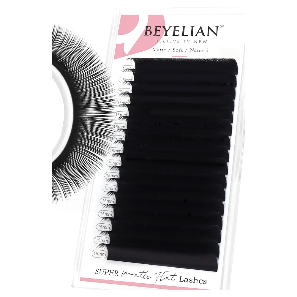 BEYELIAN Flat Eyelash Extension, Ellipse Lash Extensions 0.20 D Curl 15mm 16 Rows Matte Black Eyelash Extension Supplies Classic Lash Extensions Individual Eyelashes Salon Use