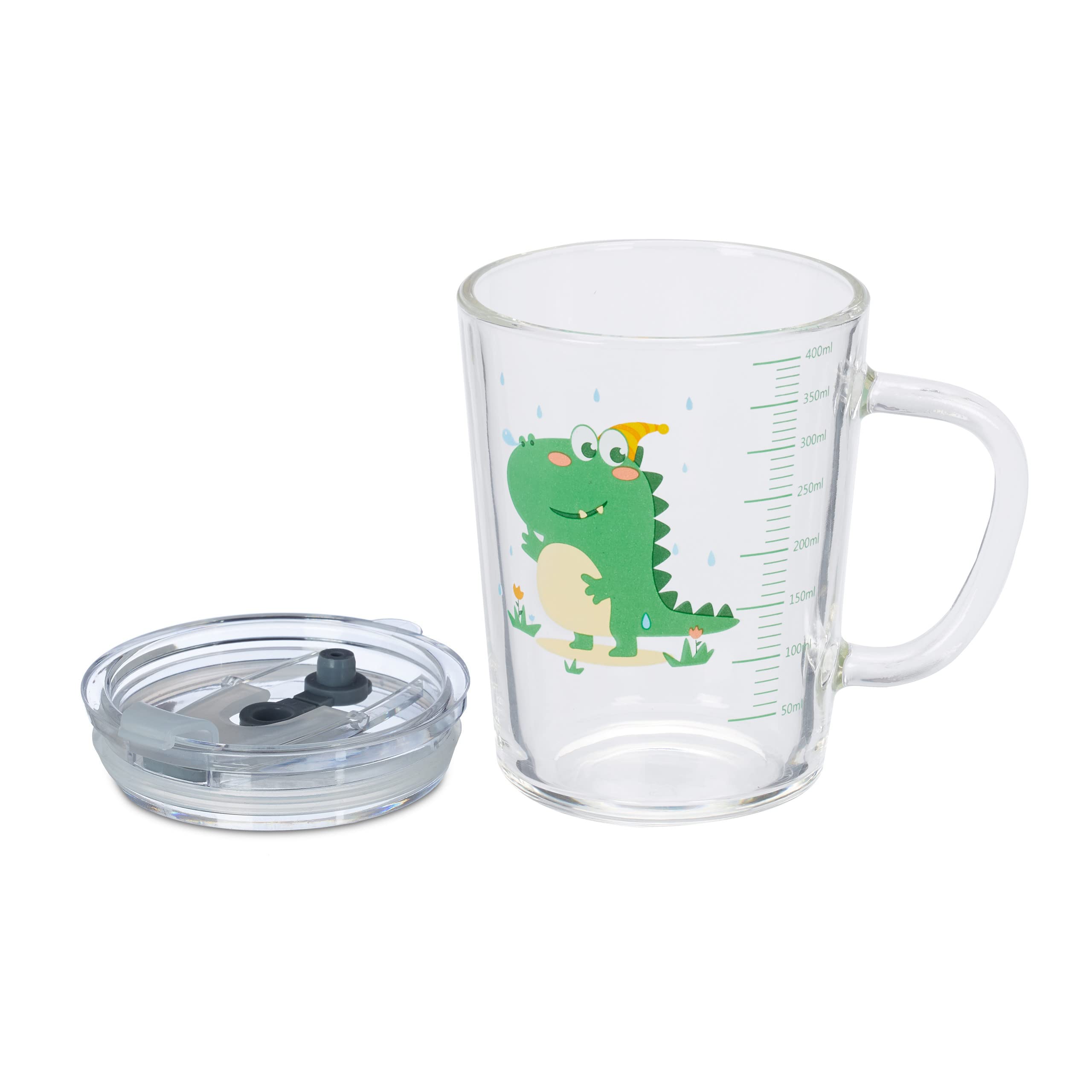 Relaxdays Set da 2 Tazze per Bambini, Vetro, Silicone, ABS, con Cannuccia Manico e Tappo, 400 ml, Dinosauro, Trasparente
