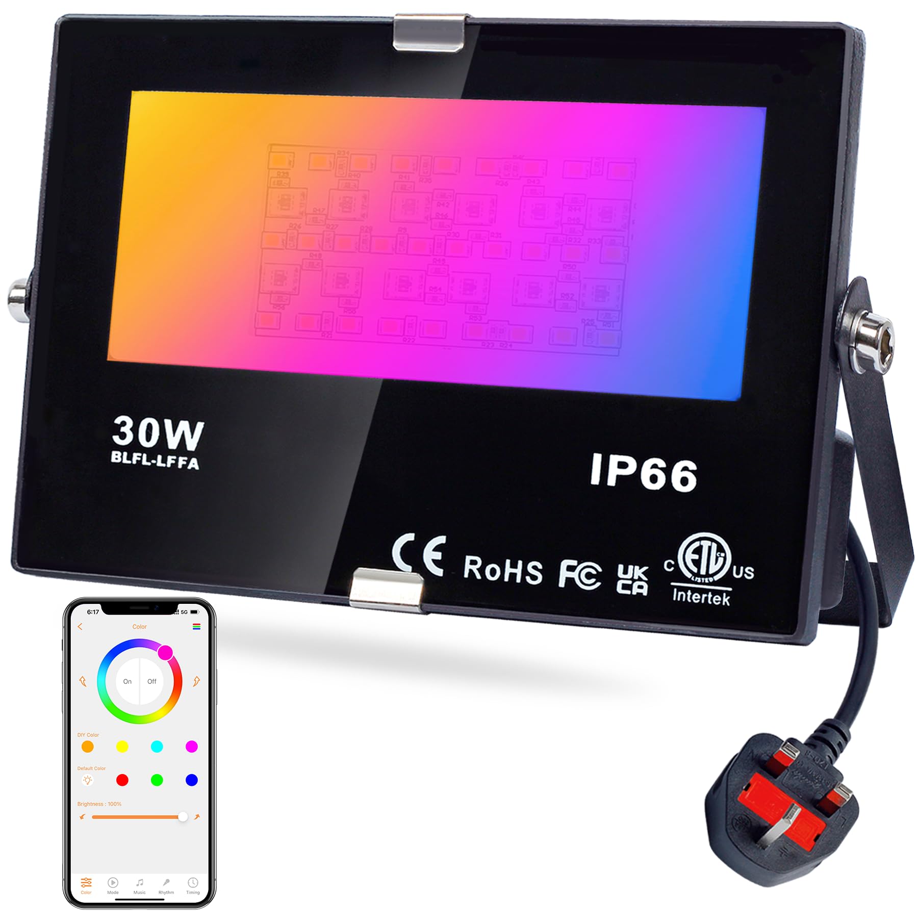 – LED Flood Lights RGB Colour Changing 300W Equivalent Outdoor, 30W Bluetooth RGBW Smart Floodlight APP Control, IP66 Waterproof, Timing, 2700K & 16 Million Colours for Garden Stage, DUSKTEC