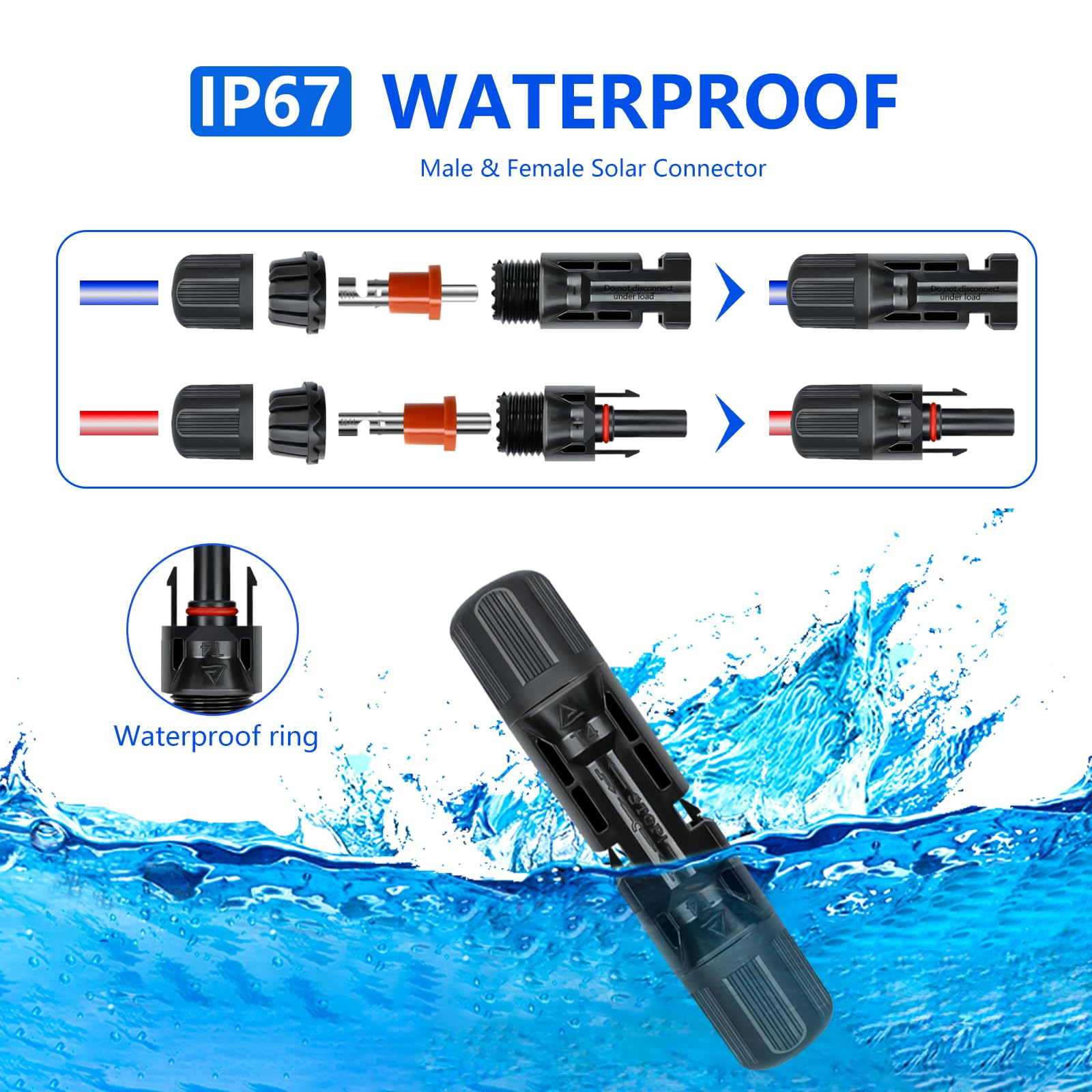 80 conectores solares, 40 pares de conectores de panel solar impermeables IP67 con 2 llaves, adecuados para cable solar de 14 a 10 AWG