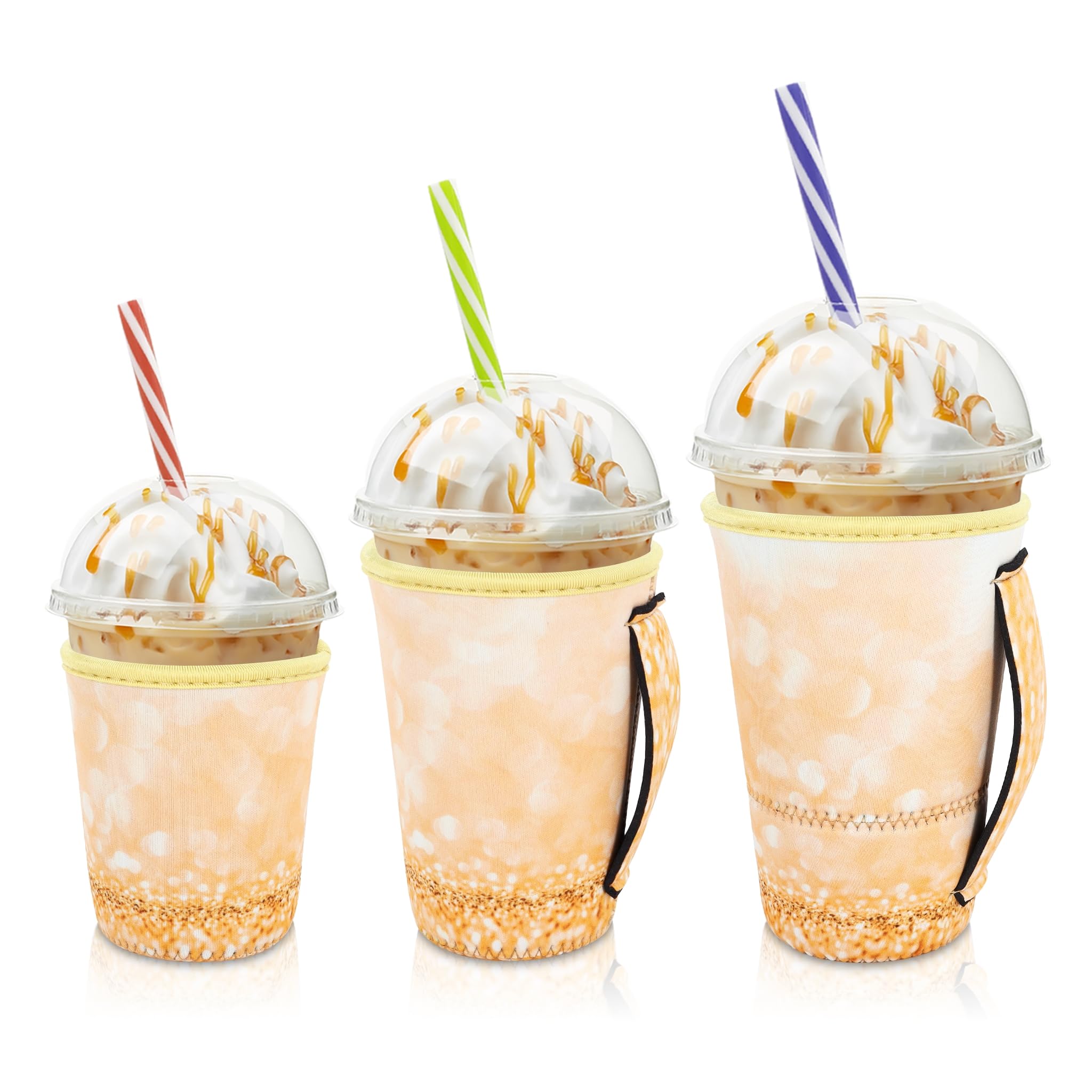 AJLTPA 3 Pack Iced Coffee Sleeve with Handle, Gold Glitter | Reusable Neoprene Insulator Cozy, For 16-32oz Coffee Cups, Sleeves For Cold & Hot Drinks Beverages