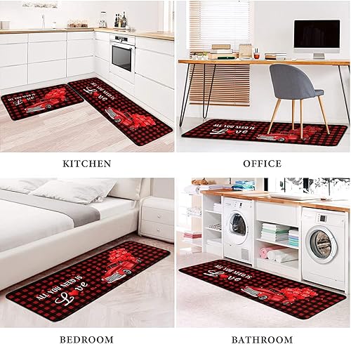 Miniatura 6 de Faptoena Juego de 2 alfombras y tapetes de cocina, para el día de San Valentín, diseño de camión rojo, diseño de búfalo, diseño a cuadros,