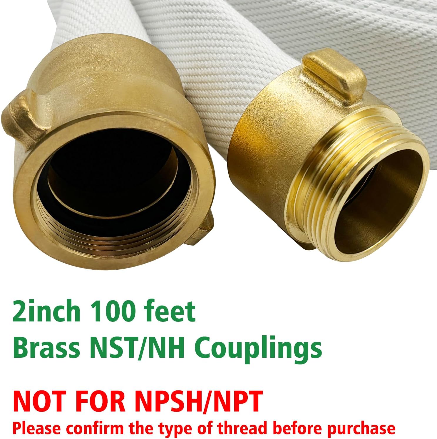 SAFBY Fire Hose - 2"ID x 100 FT with Brass M×F Thread NST/NH Couplings Lay Flat Water Hose Firehose for Firefighting Single Jacket EPDM