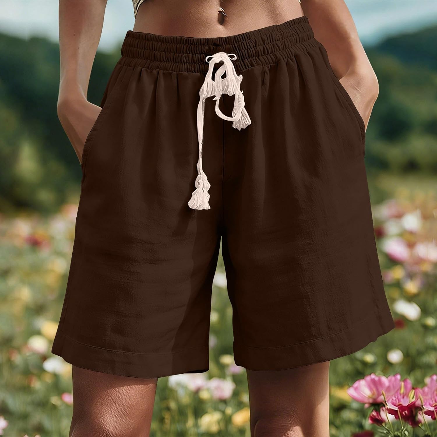 Women Knee Length Linen Bermuda Shorts Baggy Casual High Waist Drawstring Wide Leg Beach Resort Pants