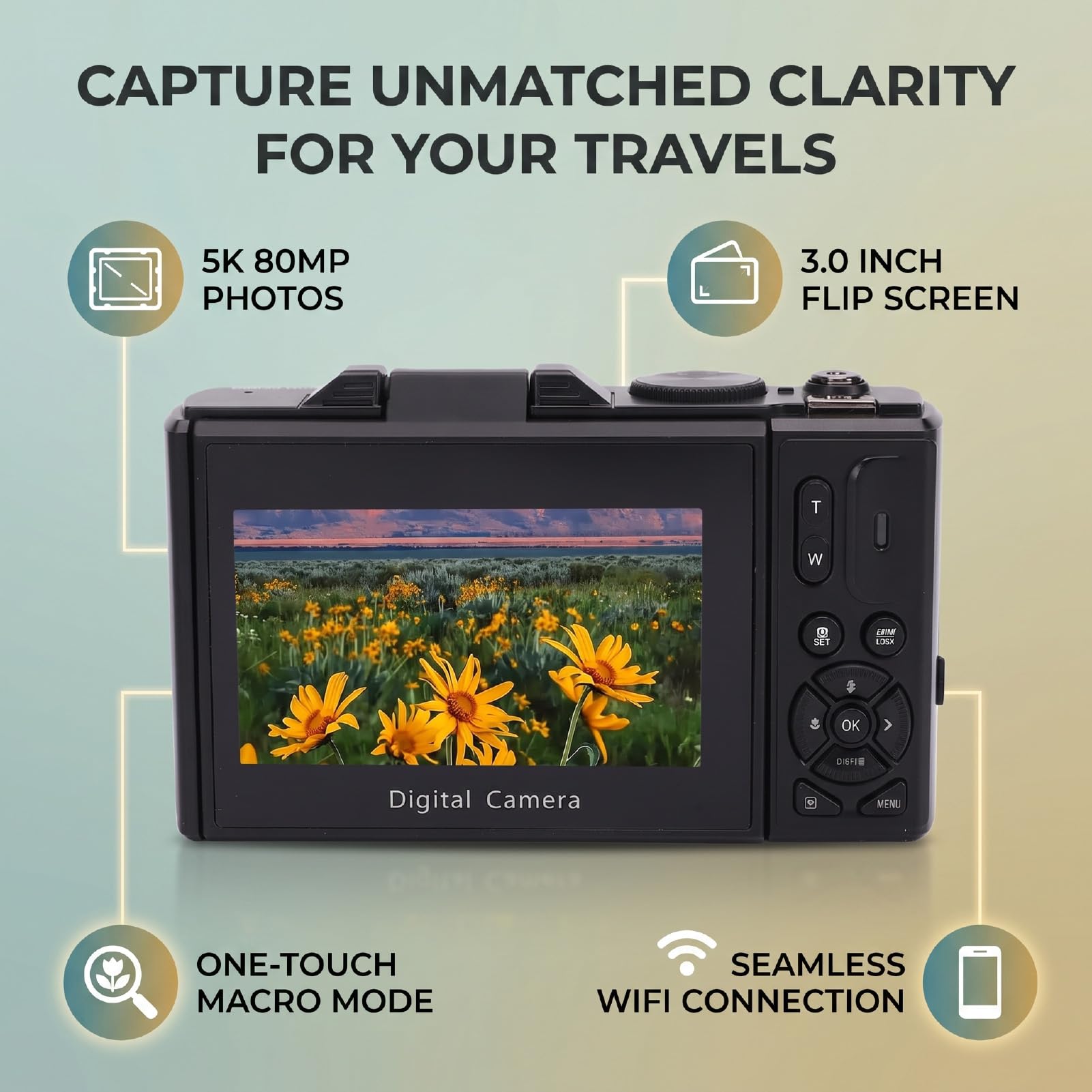 Bewinner Cámara Digital 5K para Vlogging de Fotografía de Viajes | Cámara sin espejo de 80MP con pantalla abatible 180 de 3 pulgadas, enfoque automático con zoom óptico de 12X, cámara WiFi
