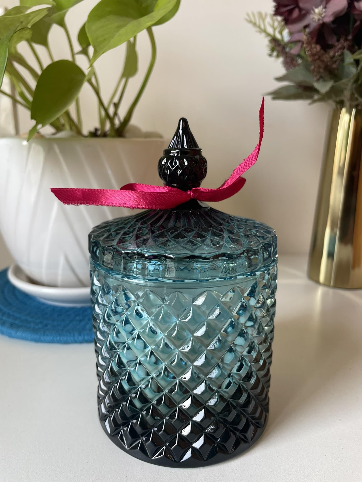 Blue Crystal Jar Soy Candles, Scented Candle Set in Decorative Glass Holders (Saffron Bomb)