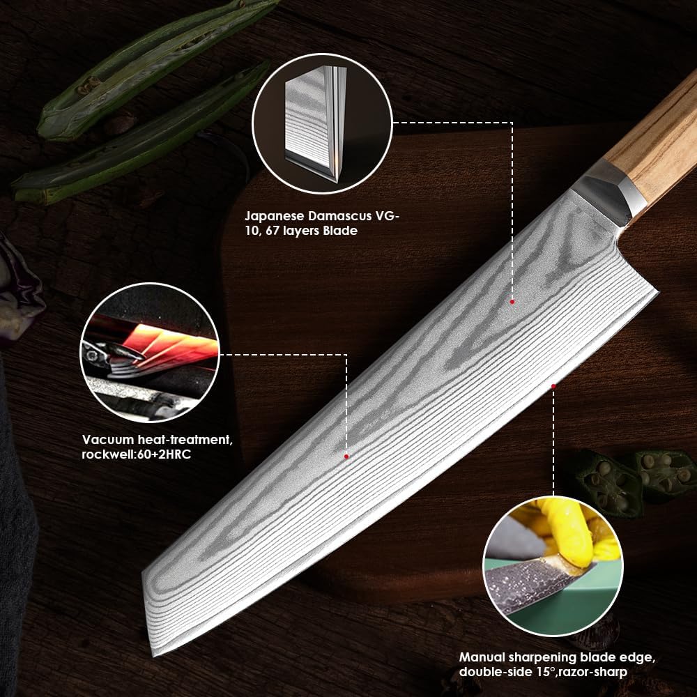 8 Inch Kiritsuke Knife - Professional Japanese Kitchen Slicing Knife with VG-10 Steel Core, 62 Layer Damascus Blade & Olive Wood Handle, Ultra Sharp