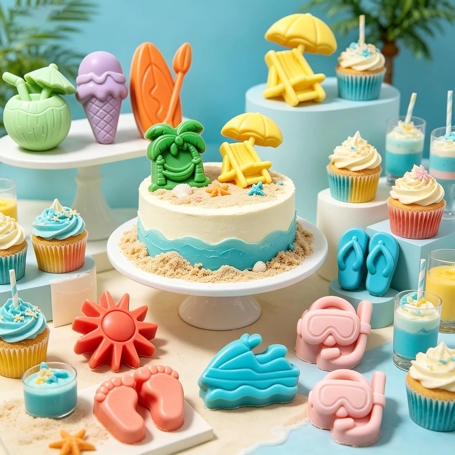2 PCS Summer Beach Silicone Mold, 10 Cavity Tropical Beach Theme Silicone Mold for Chocolate, Candy, Gummy, Resin, Ice Cube, Cake Decoration Mold With Coconut Surfboard Palm Tree Mold for Summer Party image 3