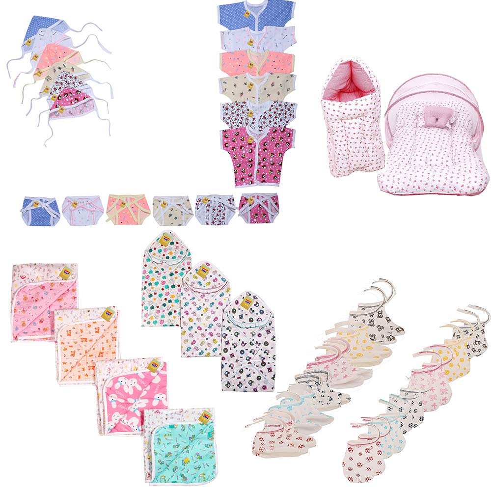 Fareto Born Baby Combo of 33 Daily Needs Items in Single Packet/6 Shirt, 6Caps, 6Nappies/ 1 Mosquito Bed/ 1 Sleeping Bag/ 3 Blankets/ 4 Changing Sheets/6 Pairs Booty Mittens(0-3 Months) (Pink)