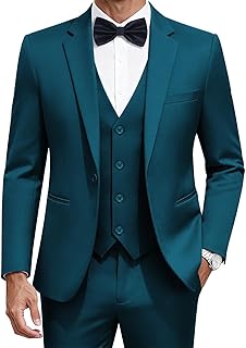 Men's 3 Pieces Solid One Button Suit Elegant Slim Fit Single Breasted Party Tuxedo Blazer Vest Pants Set