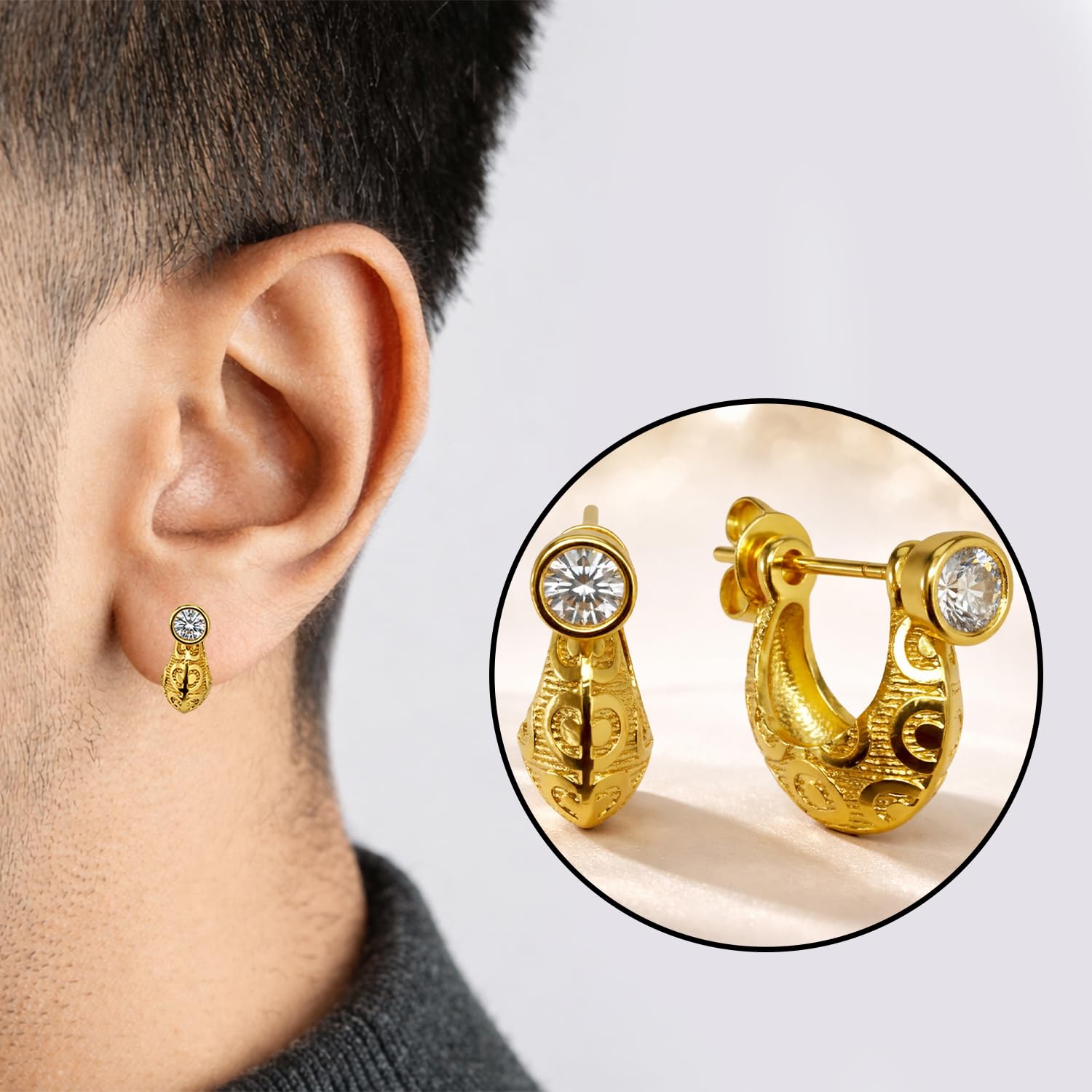 VAMA FASHIONS 18K Gold Plated Anti Tarnish Crystal Stone Round Big Textured Design Kaju Bali Stud Huggie Hoop Ear Rings Piercing Kan Ki Baali Hoops Earrings For Men 4
