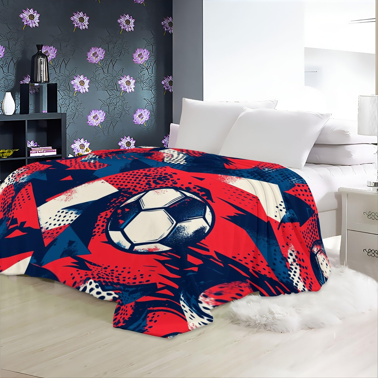Coperta Sherpa Rosso per adolescenti Bambini Adulti Sport Astratto Calcio tema Coperta in flanella per sedia ufficio camera letto 220 x 238 cm morbida e accogliente Coperta