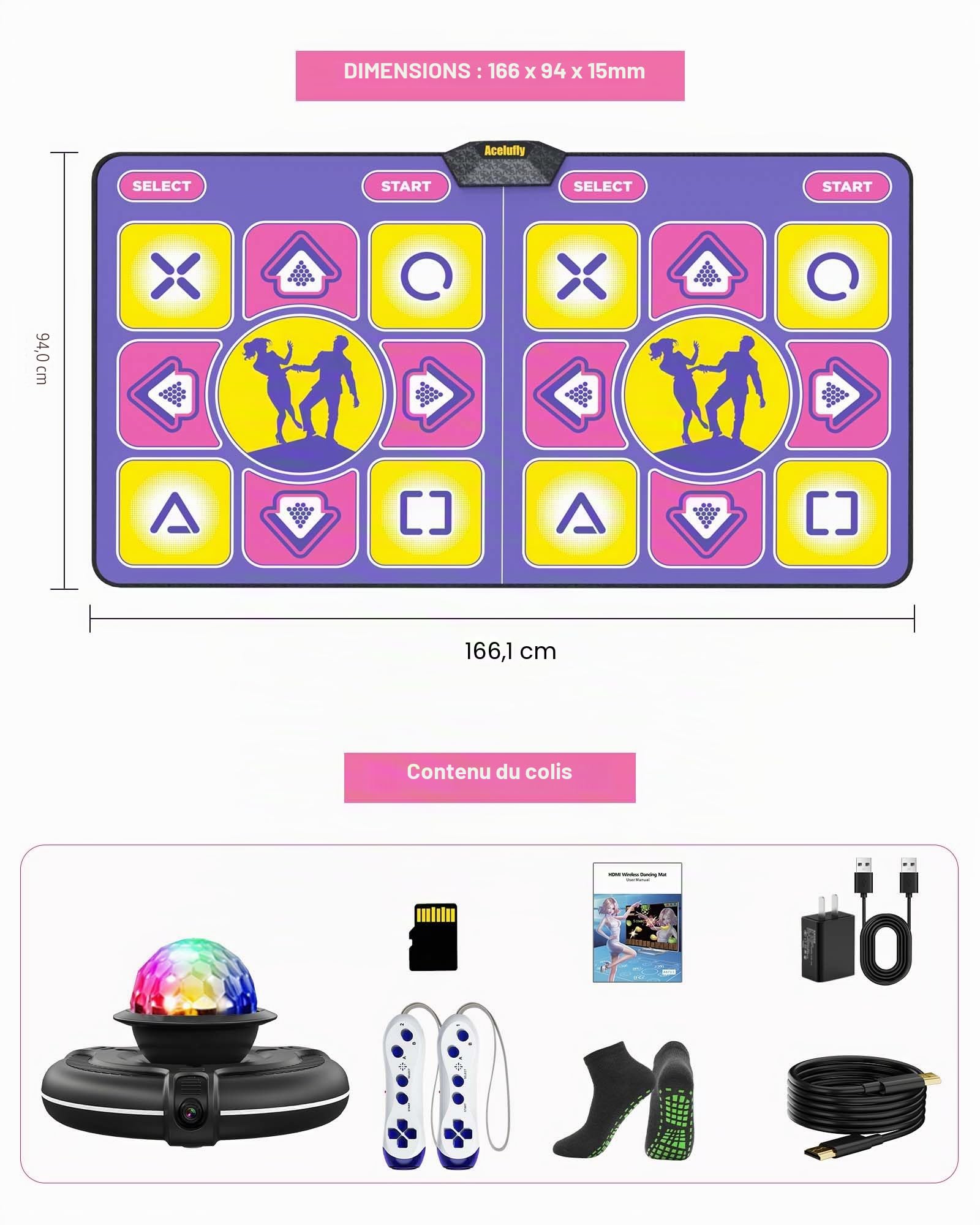 Double Tapis de Danse pour TV, électronique avec contrôleur sans Fil, antidérapant pour Enfants, Adultes, Cadeaux pour Filles et garçons (Violet)