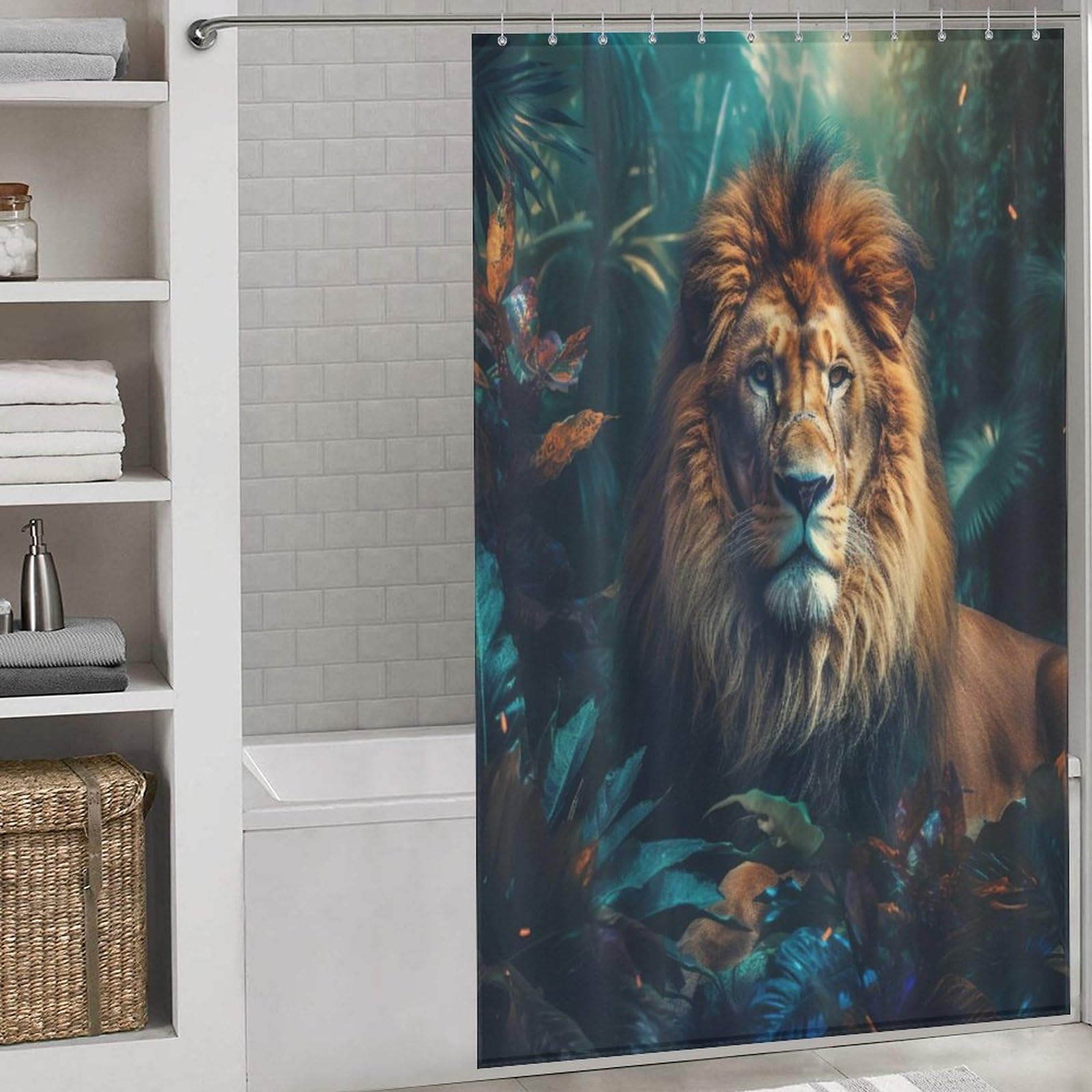 Rideau de douche lion en tissu pour instaurer une ambiance safari nature