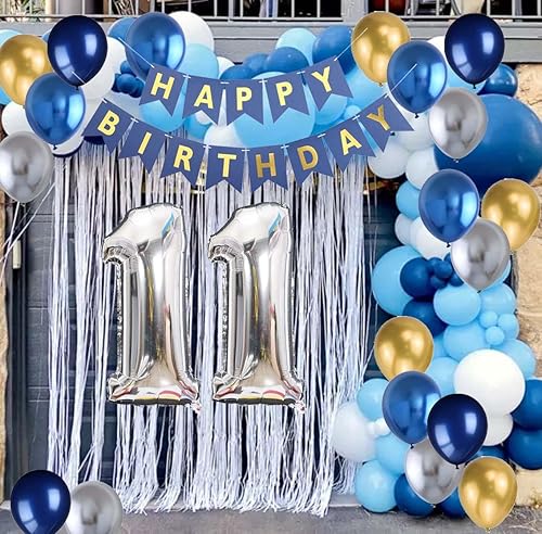 Miniatura 2 de Decoración para fiesta de cumpleaños número 11 globos azules y metálicos plateados, pancarta y suministros para cumpleaños número 11 de niños
