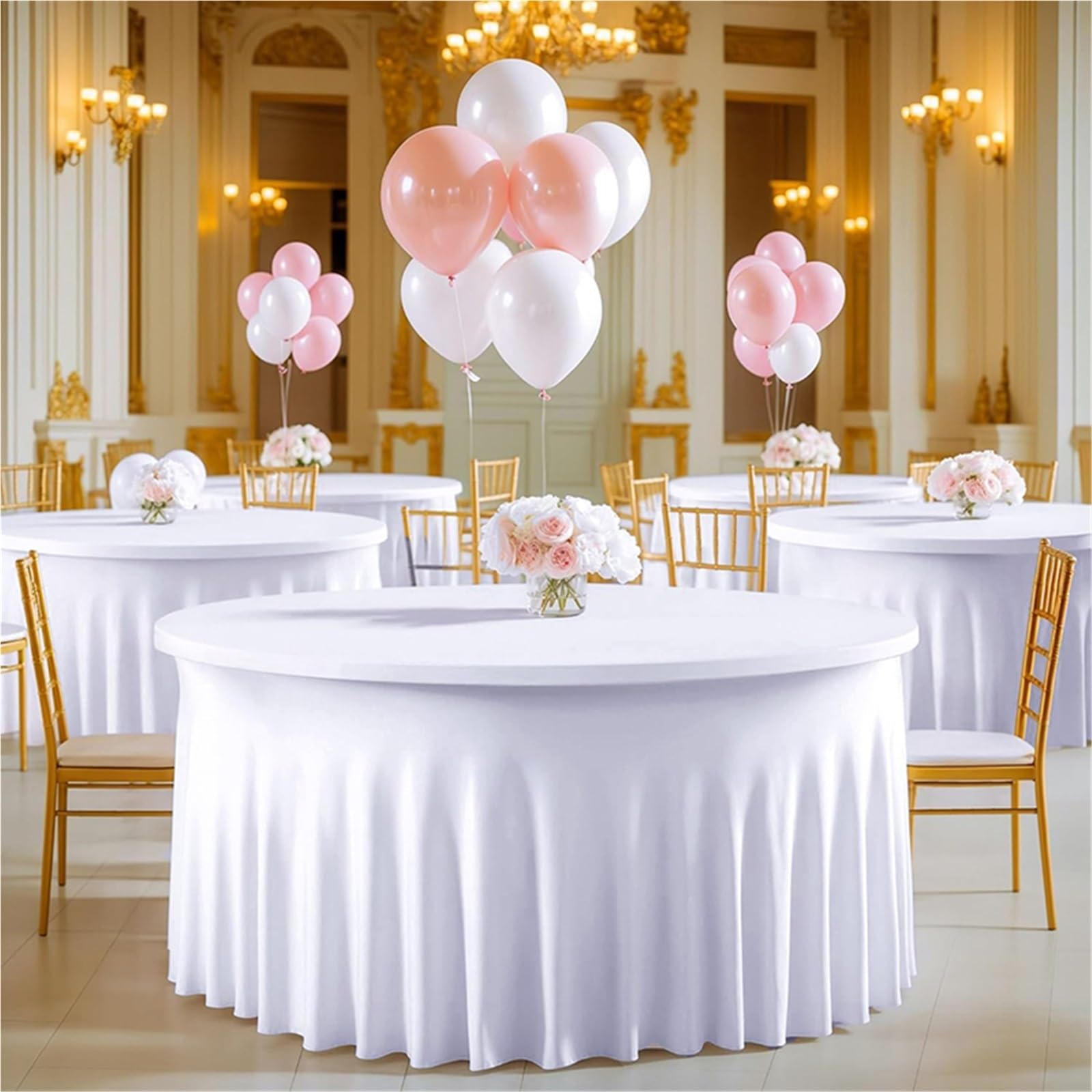 Falda Mesa Redonda Mantel Redondo Blanco de Licra, Cubierta Mesa elástica Ajustada sin Arrugas con Falda for Fiesta Boda, Buffet, fotografía cumpleaños(White,6FT(R 183XH 75 CM))