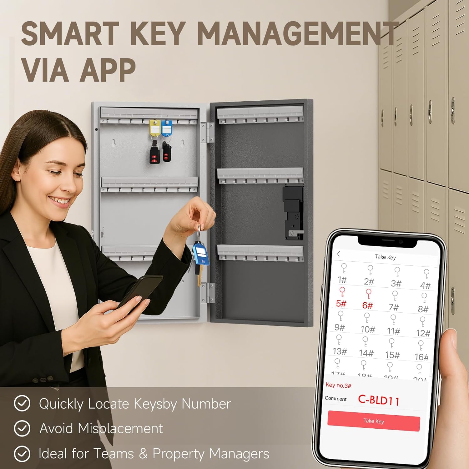 WeHere 48-Key Smart Key Lock Box Wall Mount – Commercial Key Cabinet with App, Keypad, Bluetooth & WiFi Unlock (Sold Separately), Access Log Tracking, Key Management System for School, Rental, Office