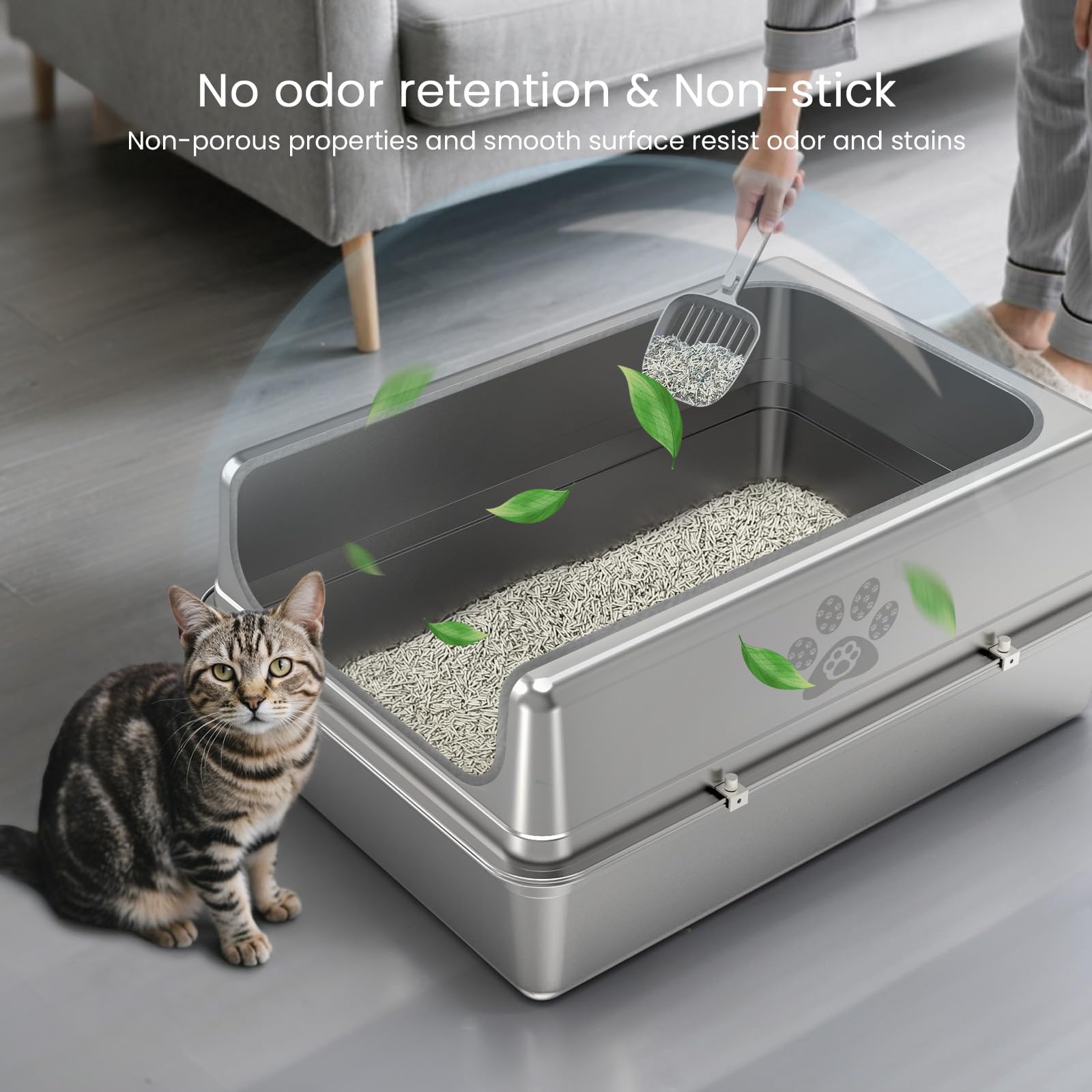 Enclosed Stainless Steel Cat Litter Box with Lid, Oversize Metal Litter Box for Multi Cats, Extra XXL Cat Toilet with High Side, Non-Stick, Anti-Leakage, Odorless, with Litter Mat & Litter Scoop - image 6