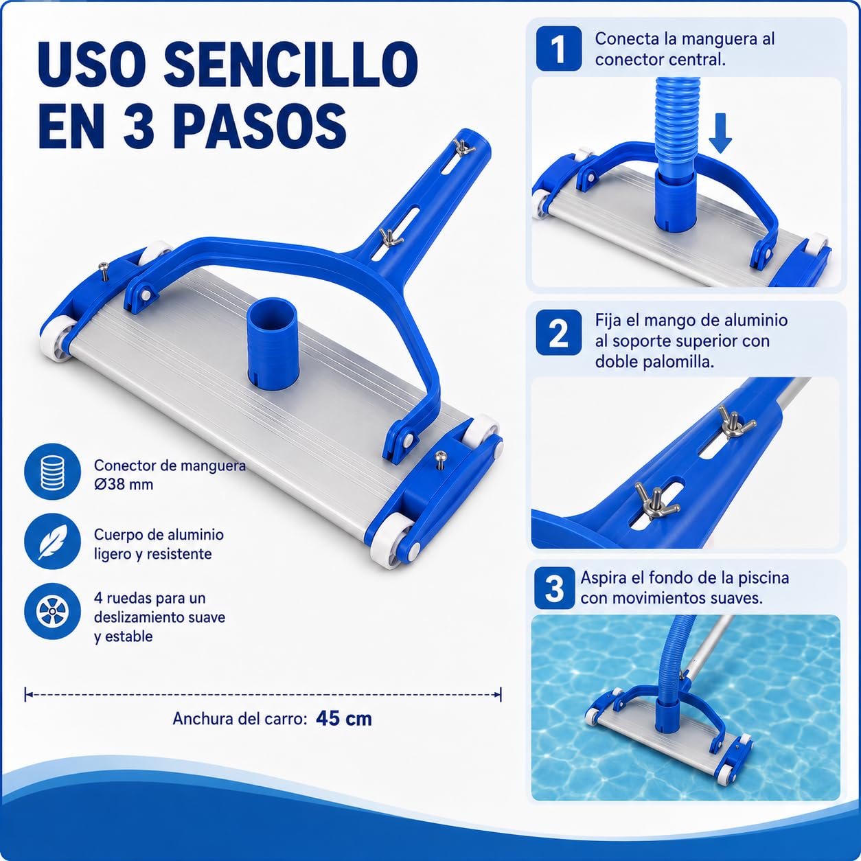 Limpiafondos de aluminio para piscina - Fijación palomilla - Cepillos de nylon - 4 ruedas - 45 cm Dpool