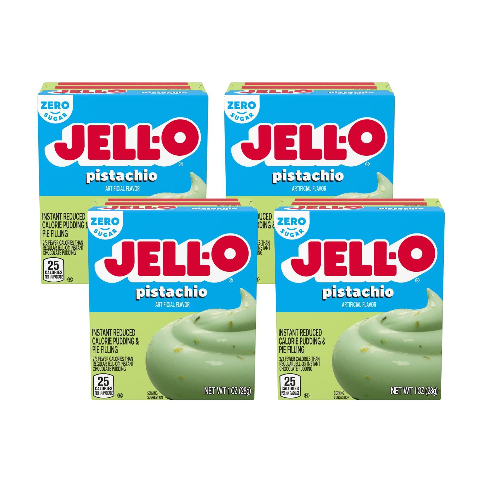Jell-O Zero Sugar Instant Pudding & Pie Filling Mix, Pistachio Flavor, Fat Free Reduced Calorie Dessert for Baking, Pies & No-Bake Recipes, 1 oz (Pack of 4)