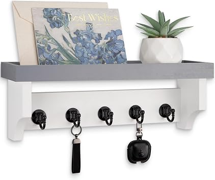 Key and Mail Holder Wall Mount, Mail Organizer with 5 Key Hooks | Key Holder with Shelf, Key Holder for Coat, Dog Leash, Home Decor Rack, Entry Way Organizer