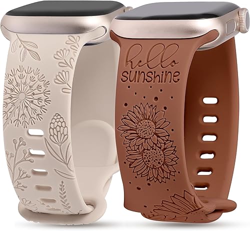 Miniatura 7 de Minyee Paquete de 2 correas con grabado floral compatibles con correas de Apple Watch de 1.614 in, 1.575 in, 1.496 in, 1.732 in, 1.772 in, 1.654 in,